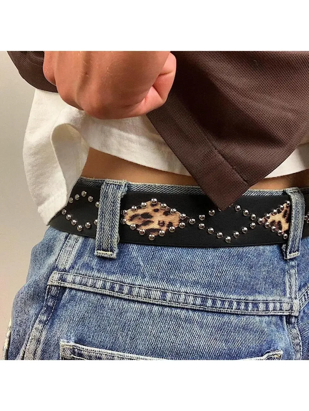 Vintage Y2K style Cheetah Print Studded Black Belt. 39 inches fits a 26-34
